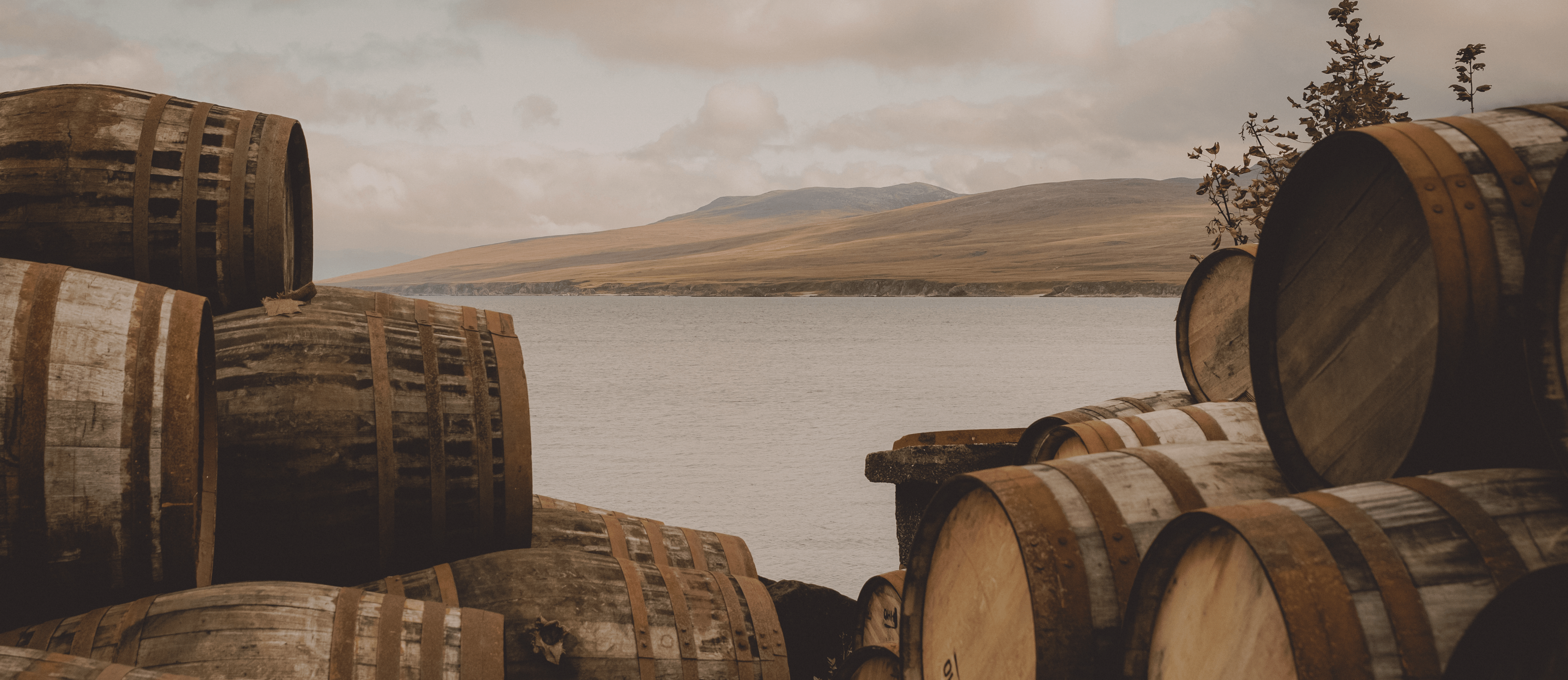 Barrels stacked up in the foreground of a lake and mountains in the back